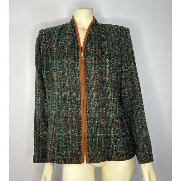 Vintage M.H.M. Melissa Harper collarless brown plaid woven blazer size 14 - Picture 3 of 11